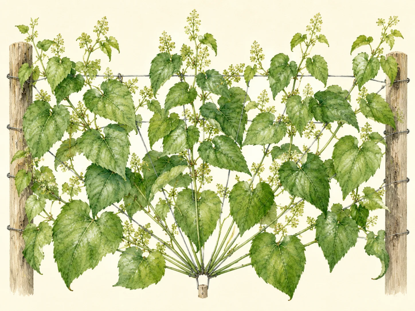 Horizontal botanical illustration of Hablitzia, or Caucasian spinach, climbing a simple support with leafy green growth in a temperate garden scene.