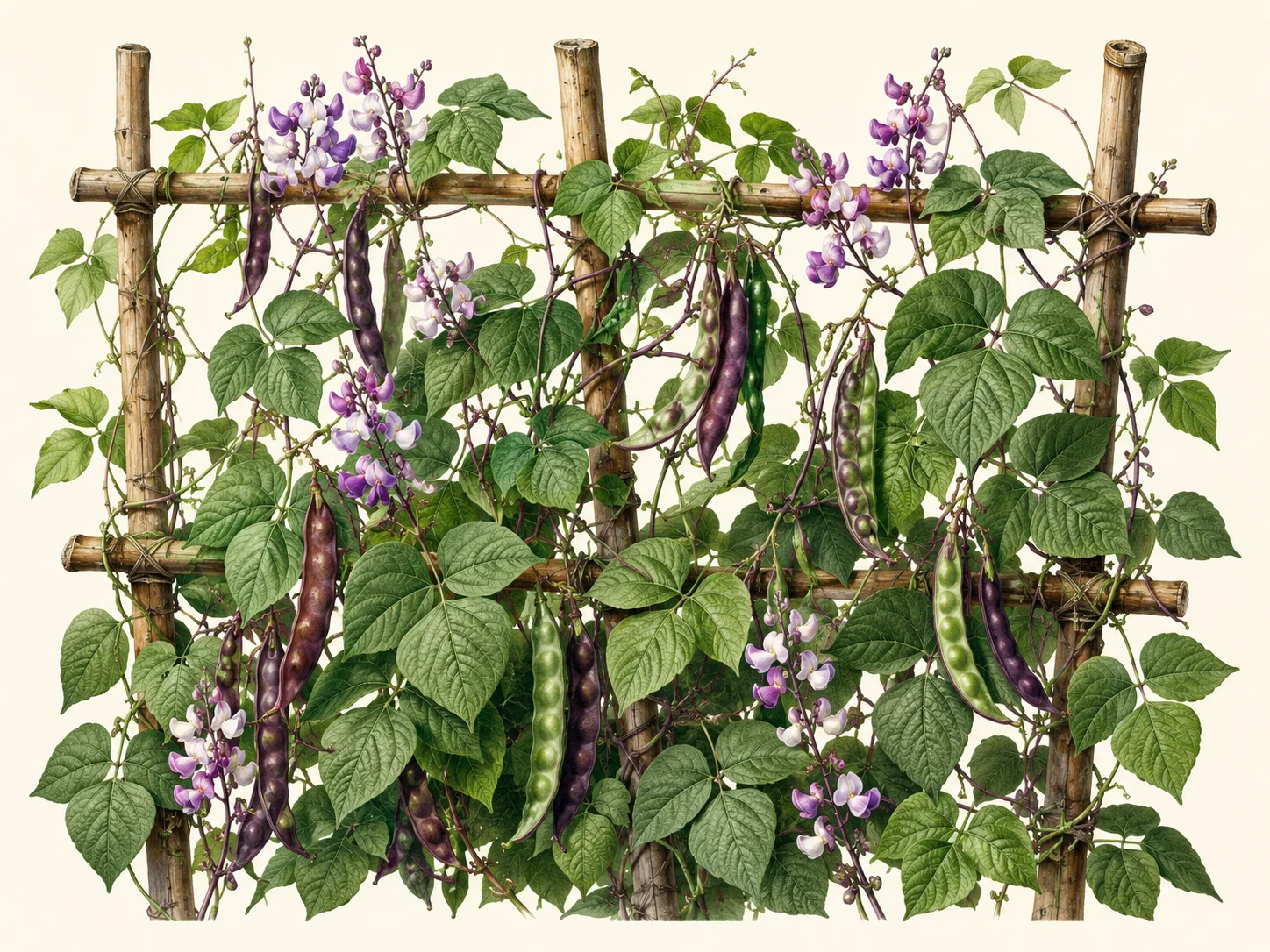 Botanical-style illustration of hyacinth bean (lablab) growing on a bamboo trellis, showing twining vines, broad green leaves, flowers, and hanging pods in a horizontal layout.