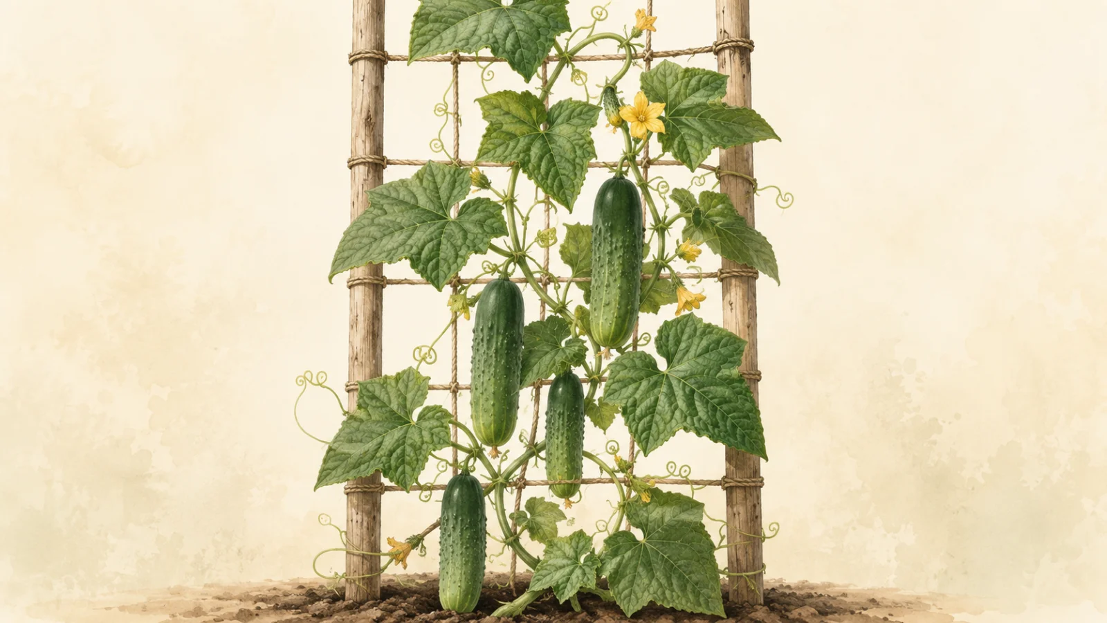 Vining cucumber plant climbing a wooden rope trellis, with green cucumbers, yellow flowers, broad leaves and curling tendrils.