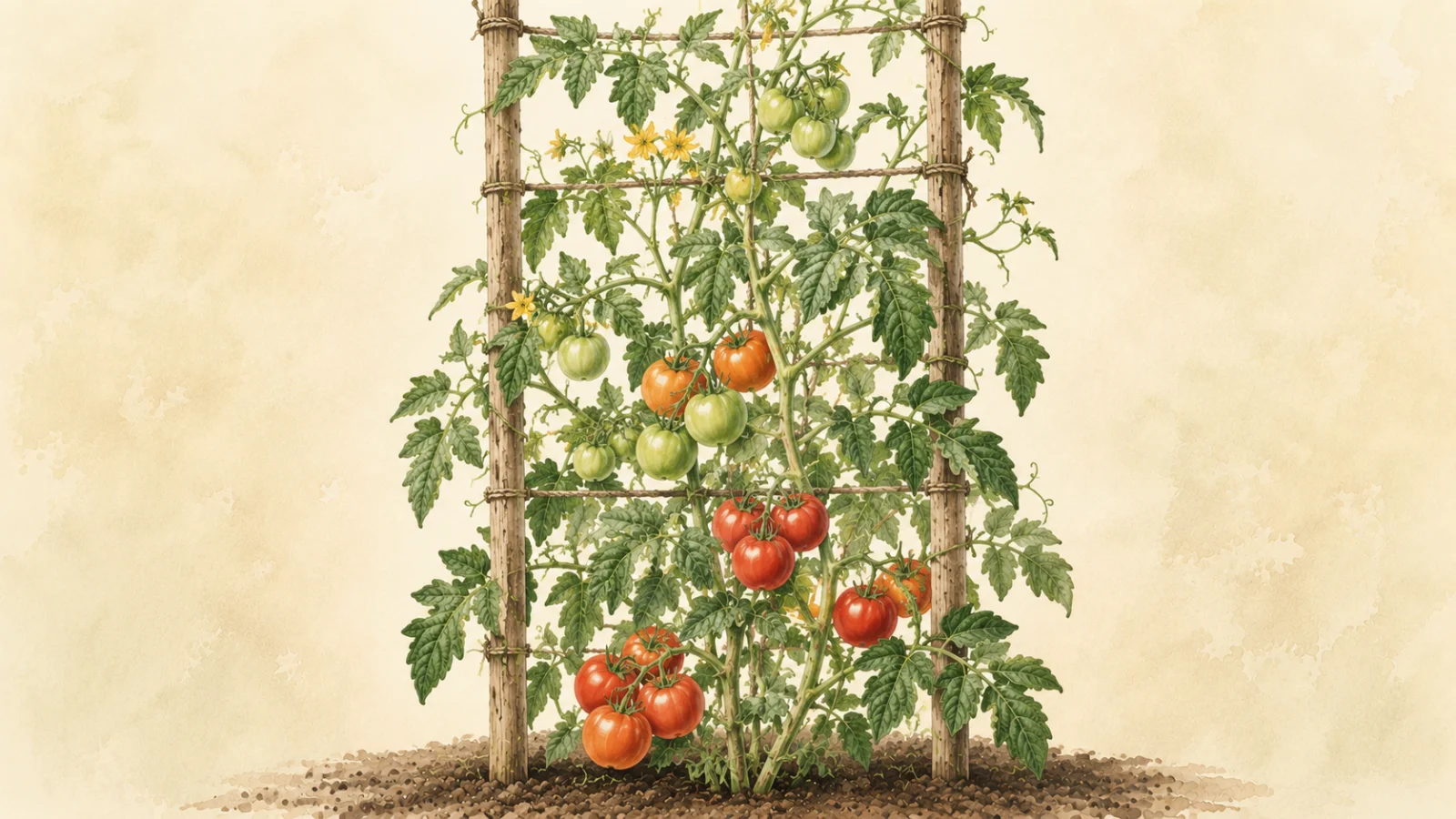 Botanical watercolor illustration of an indeterminate tomato plant (Solanum lycopersicum) growing vertically on a rustic wooden trellis, with green foliage, yellow flowers, and clusters of tomatoes at different stages of ripening against a soft cream background.