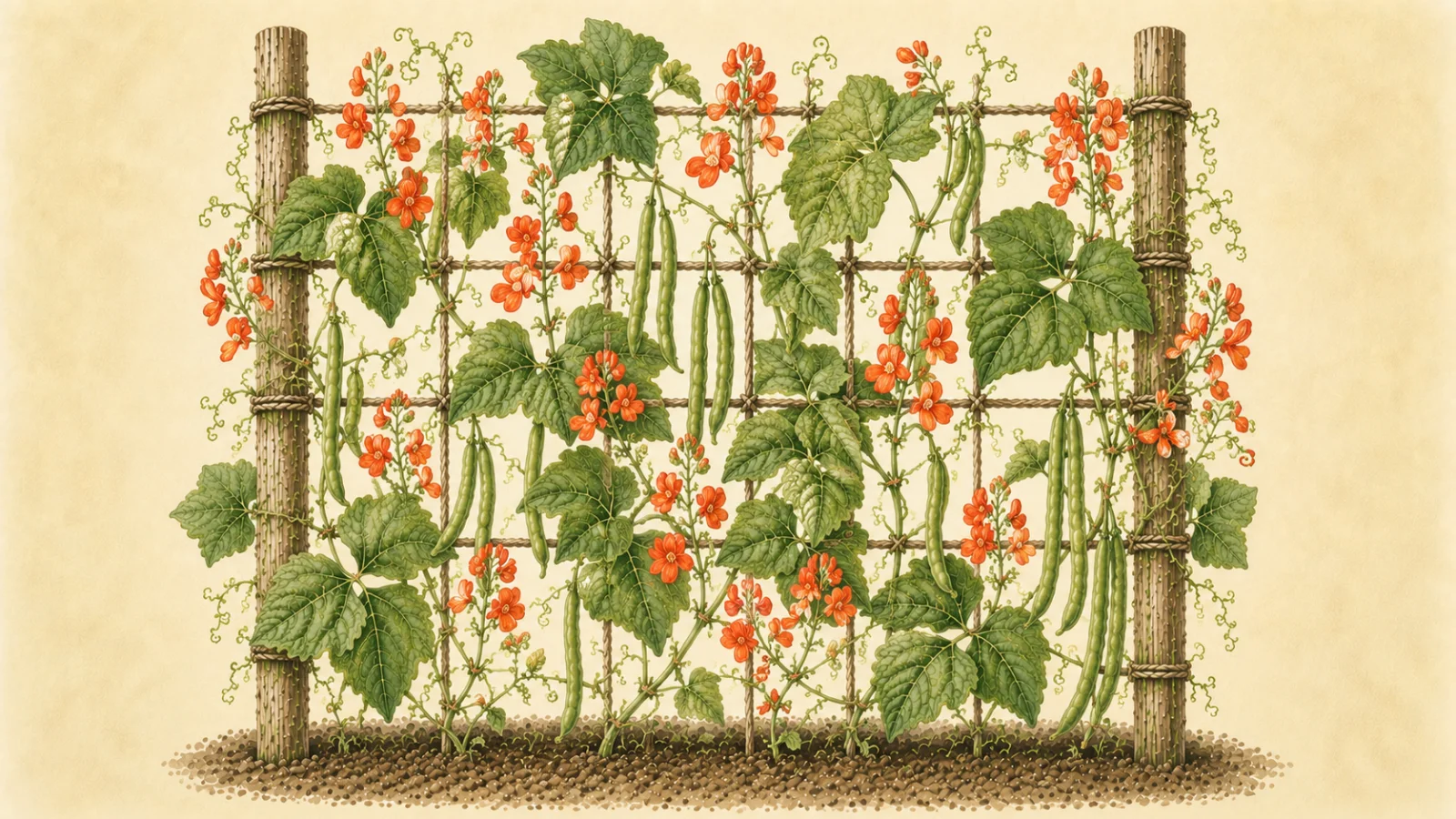 Botanical watercolor illustration of scarlet runner bean (Phaseolus coccineus) growing vertically on a rustic wooden trellis, with lush green trifoliate leaves, vibrant scarlet flowers, curling tendrils, and green bean pods in various stages of development against a soft cream background.