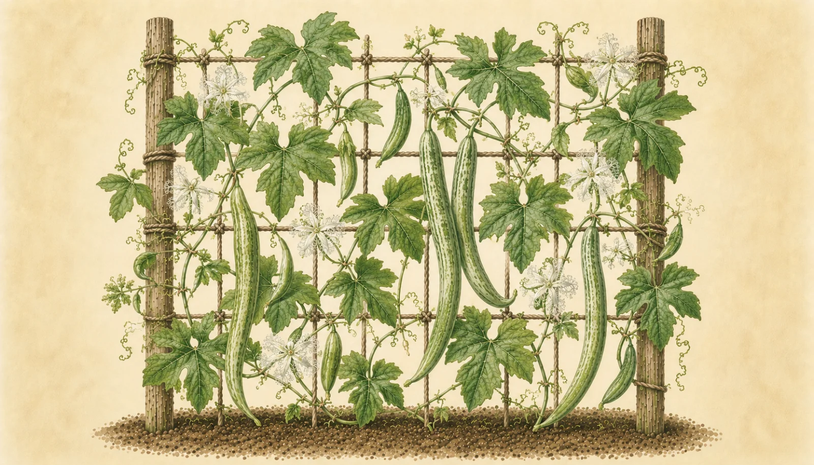 Botanical watercolor illustration of snake gourd (Trichosanthes cucumerina) climbing a rustic wooden trellis, with lobed green leaves, curling tendrils, delicate fringed white flowers, and long striped green fruits at different stages of development against a soft cream background.