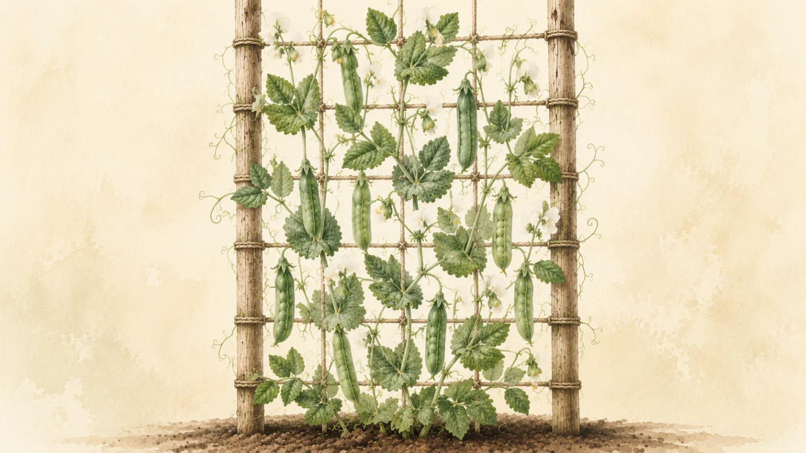 Botanical watercolor illustration of a tall climbing pea (Pisum sativum) growing up a rustic wooden trellis, with green vines, tendrils, white flowers, and mature pea pods against a soft cream background.