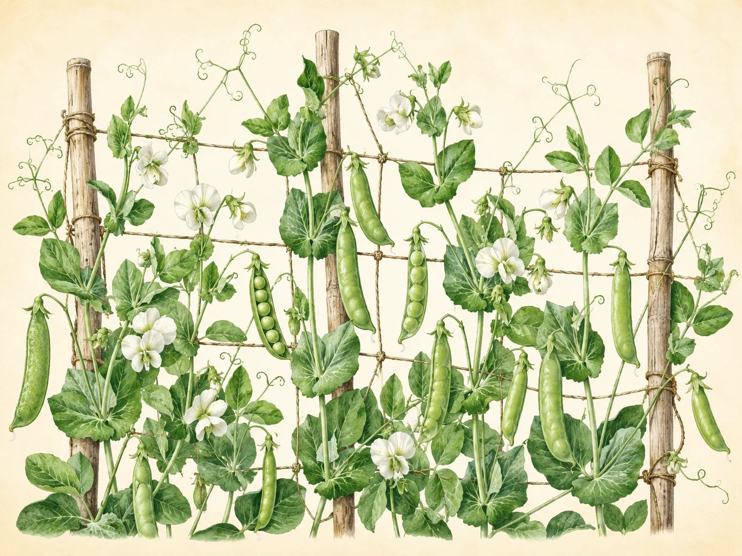 Botanical illustration of tall climbing pea vines growing on a rustic trellis, with curling tendrils, white flowers, green pods and peas visible inside an open pod.
