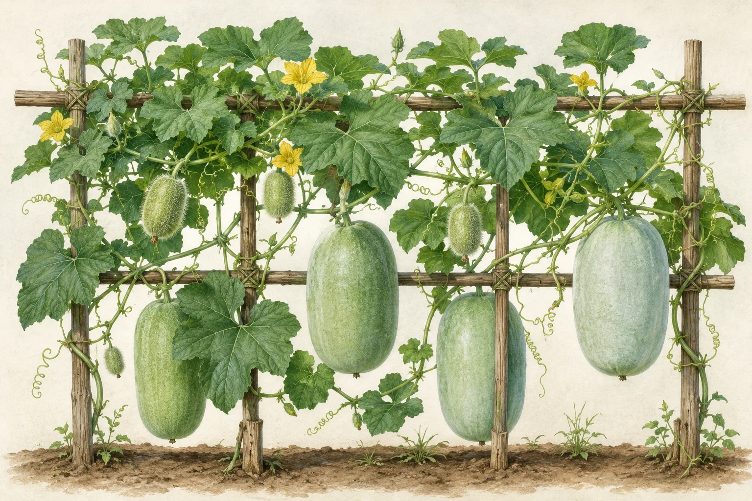 Botanical-style illustration of wax gourd, winter melon and fuzzy melon vines growing across a trellis, with broad green leaves, curling tendrils and several hanging elongated gourds in a horizontal layout.