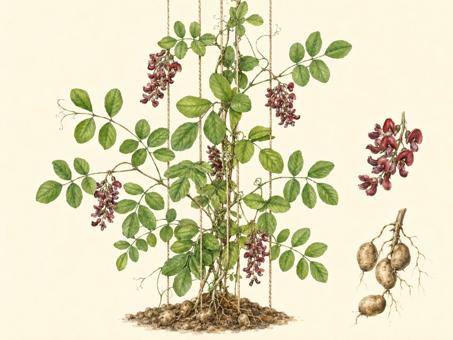 Horizontal botanical illustration of American groundnut (hopniss) climbing a rustic support, showing twining vines, compound leaves, and clusters of reddish-brown flowers.