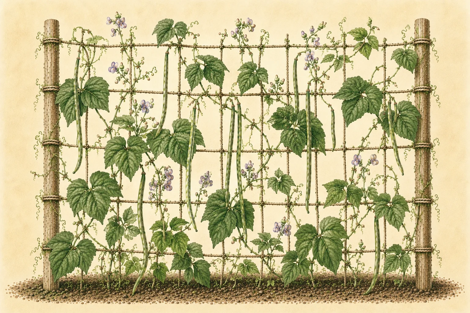 Botanical watercolor illustration of yardlong bean (Vigna unguiculata subsp. sesquipedalis) growing vertically on a tall rustic wooden trellis, with lush green trifoliate leaves, pale lilac flowers, curling tendrils, and long slender bean pods in various stages of development against a soft cream background.