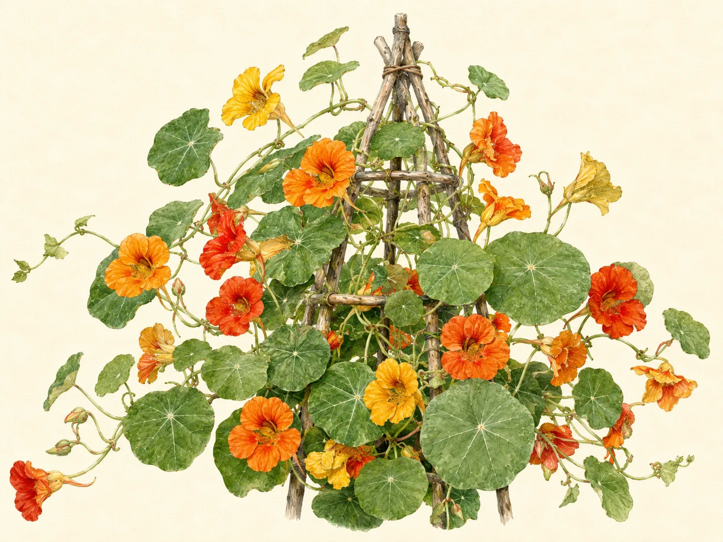 Horizontal botanical illustration of climbing nasturtium scrambling over a trellis, with round leaves and bright edible flowers in shades of orange, red, and yellow.