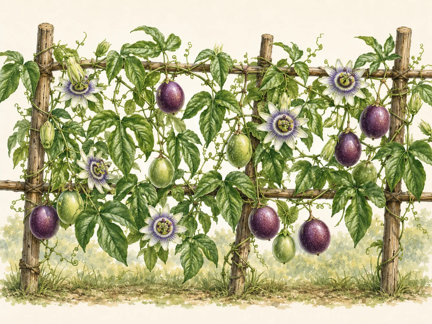 Botanical illustration of a passionfruit vine growing across a rustic trellis, with glossy lobed leaves, curling tendrils, purple-and-white passionflowers, and hanging green and ripe purple fruit.