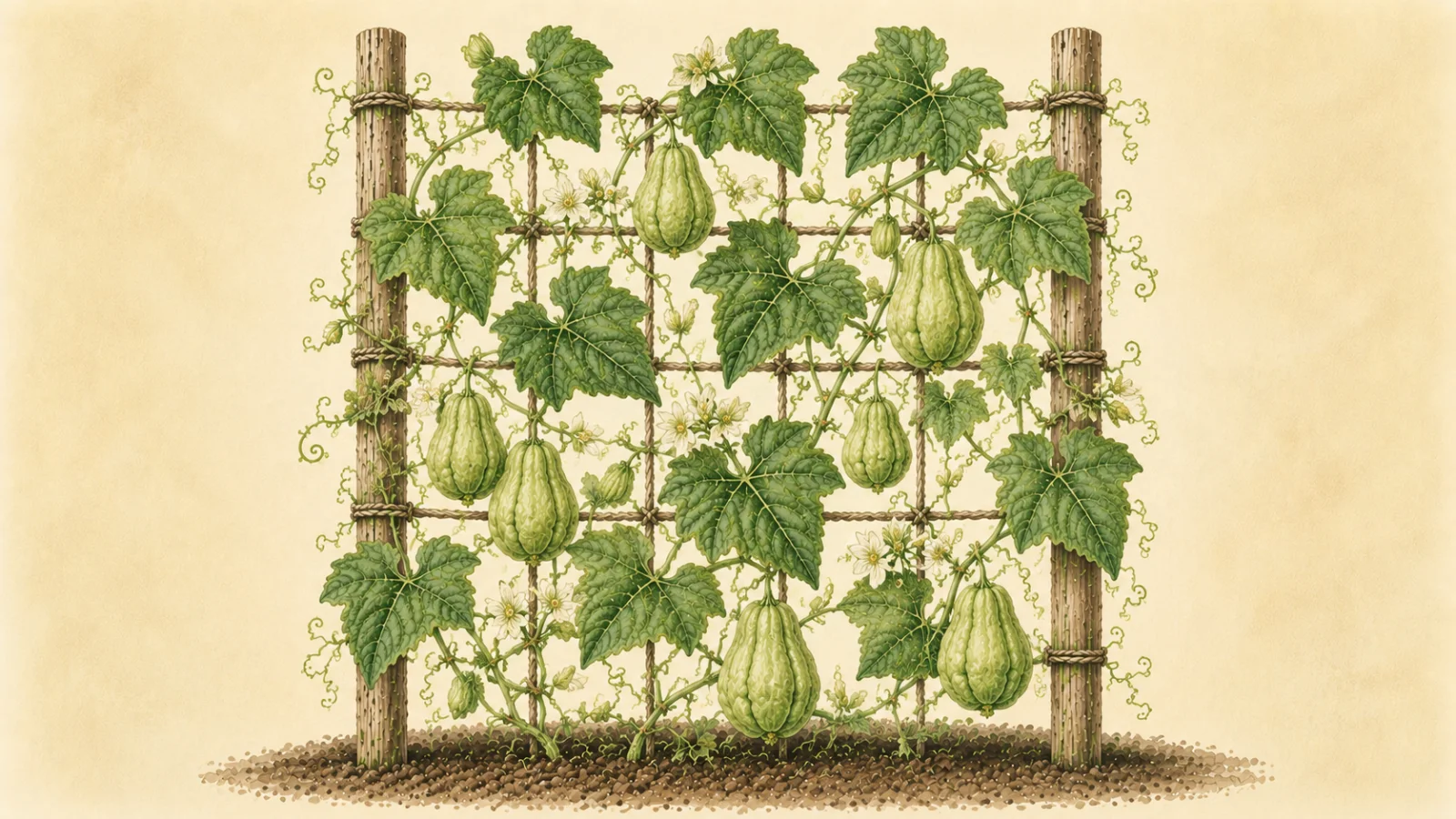 Botanical watercolor illustration of chayote (Sechium edule) growing vertically on a rustic wooden trellis, with lush green vines, large heart-shaped leaves, white flowers, curling tendrils, and pale green pear-shaped fruits in various stages of development against a soft cream background.