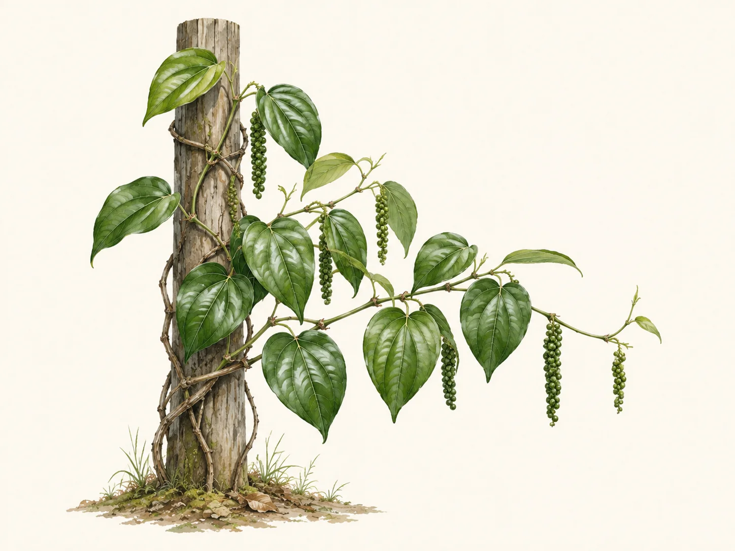Black pepper vine climbing a rough wooden post, with glossy heart-shaped leaves and hanging spikes of green peppercorns.