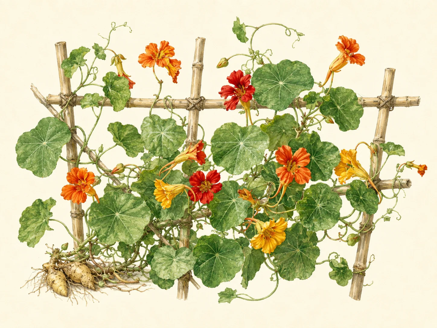 Horizontal botanical illustration of mashua, or tuberous nasturtium, climbing a support with lush foliage and colourful nasturtium-like flowers in a cottage-garden style setting.