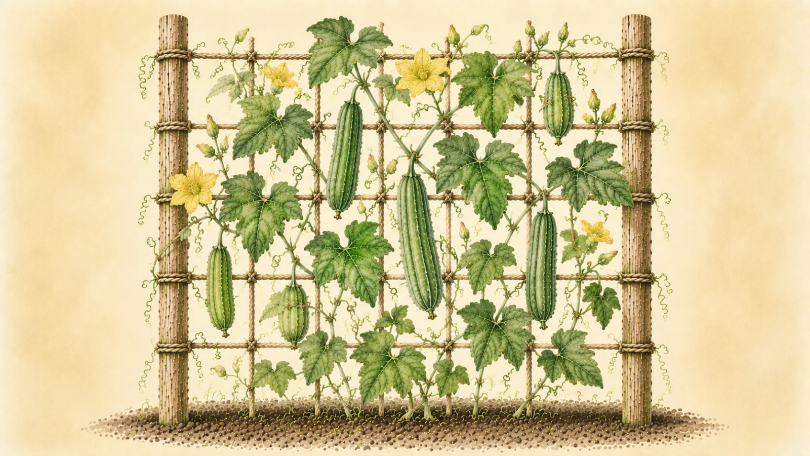 Botanical watercolor illustration of a luffa vine (Luffa aegyptiaca) growing vertically on a rustic wooden trellis, with large lobed green leaves, yellow flowers, curling tendrils, and multiple ridged luffa gourds in different stages of development against a soft cream background.