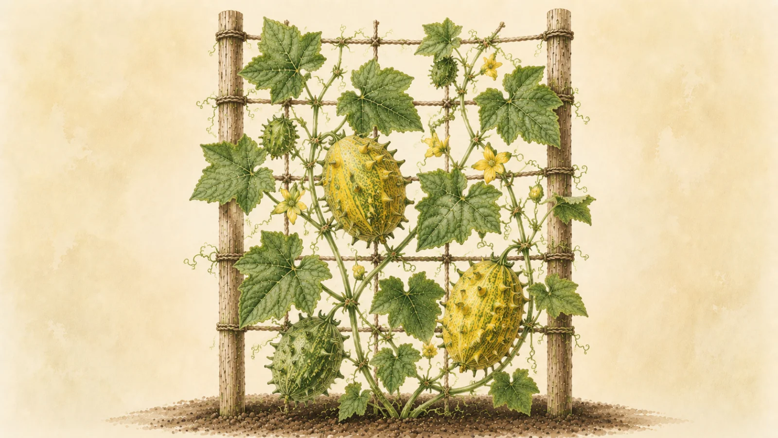 Botanical watercolor illustration of kiwano (Cucumis metuliferus) climbing a rustic wooden trellis, with lobed green leaves, curling tendrils, yellow flowers, and horned fruits at green immature and golden-orange ripe stages against a soft cream background.