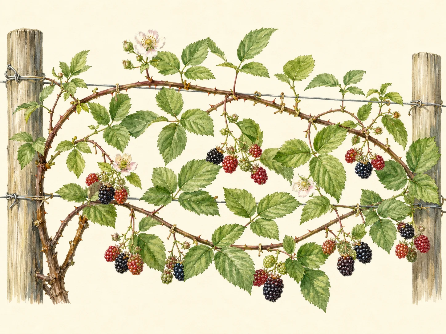 Horizontal botanical illustration of blackberry or boysenberry canes trained along a trellis, showing thorny stems, green leaves, blossoms, and ripening dark berries.