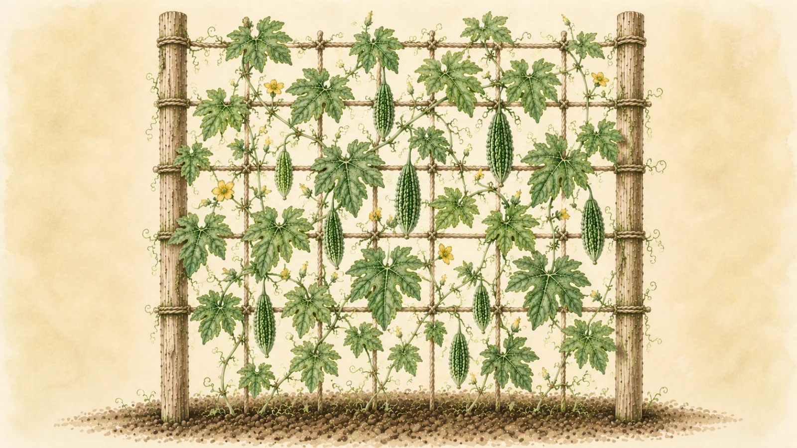 Botanical watercolor illustration of bitter melon (Momordica charantia) growing vertically on a rustic wooden trellis, with deeply lobed green leaves, yellow flowers, curling tendrils, and multiple bumpy green fruits of different sizes against a soft cream background.