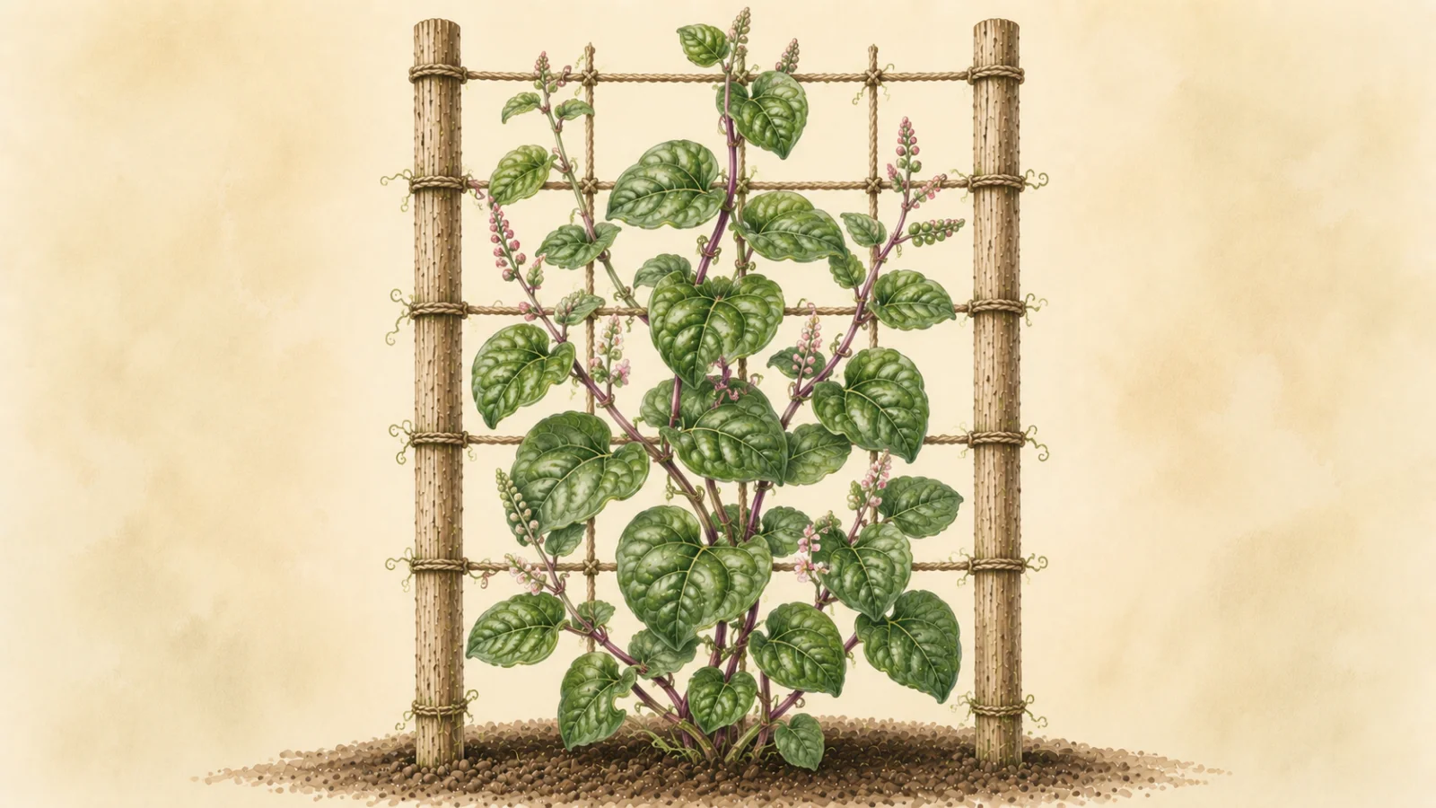 Botanical watercolor illustration of Malabar spinach (Basella alba) growing vertically on a rustic wooden trellis, with glossy heart-shaped green leaves, purple stems, delicate pink flower spikes, and climbing vines against a soft cream background.