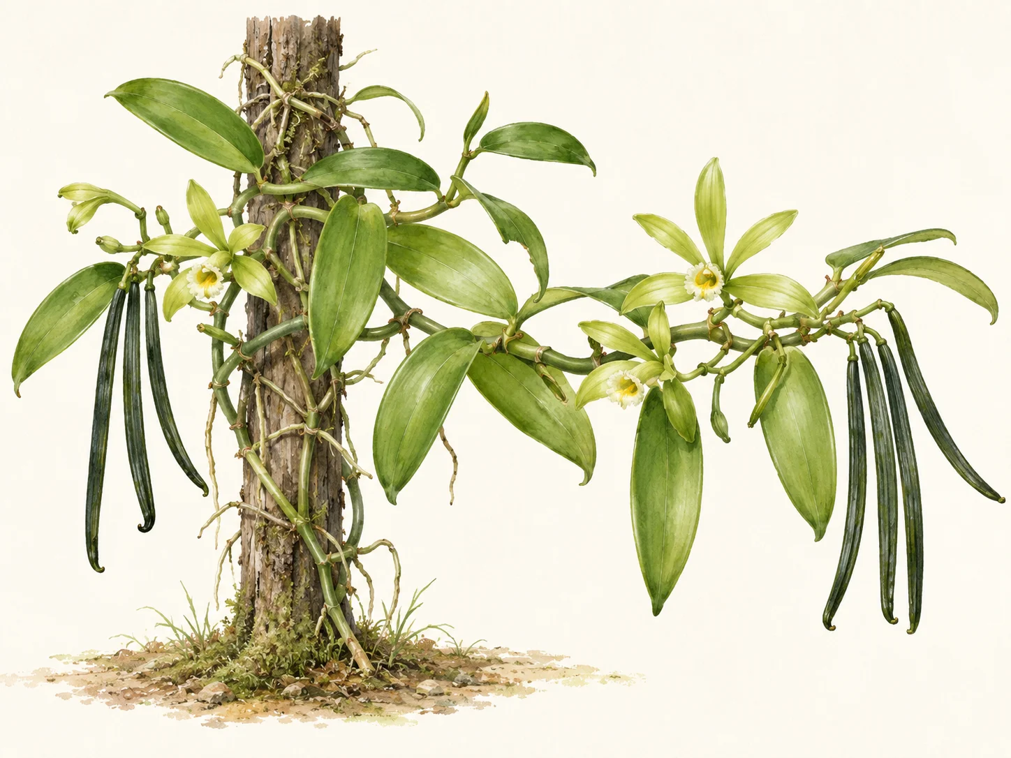 Vanilla orchid climbing a rough wooden support, with fleshy green leaves, pale yellow-green flowers and long dark vanilla pods.