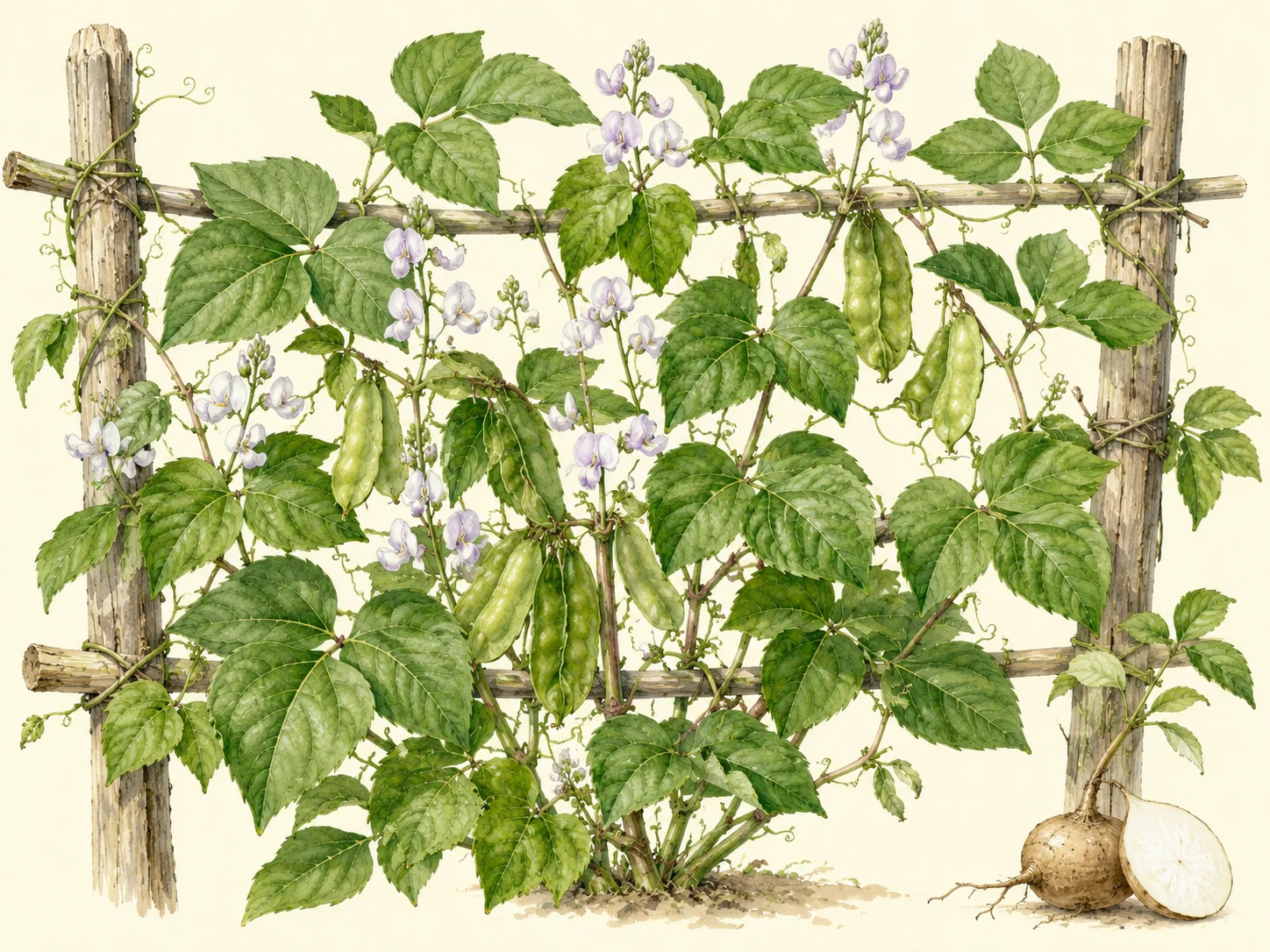 Horizontal botanical illustration of jicama (yam bean) growing up a trellis, with twining vines, green leaves, pale flowers, and developing pods in a natural garden setting.