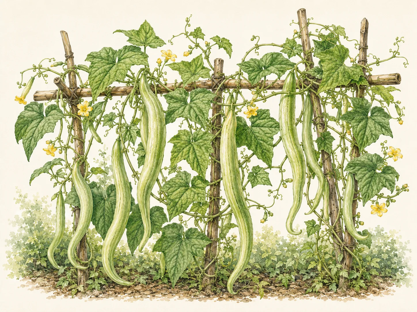 Botanical illustration of Armenian cucumber or snake melon growing on a rustic trellis, with trailing vines, lobed green leaves, yellow flowers, curling tendrils, and long pale green striped fruits hanging vertically.