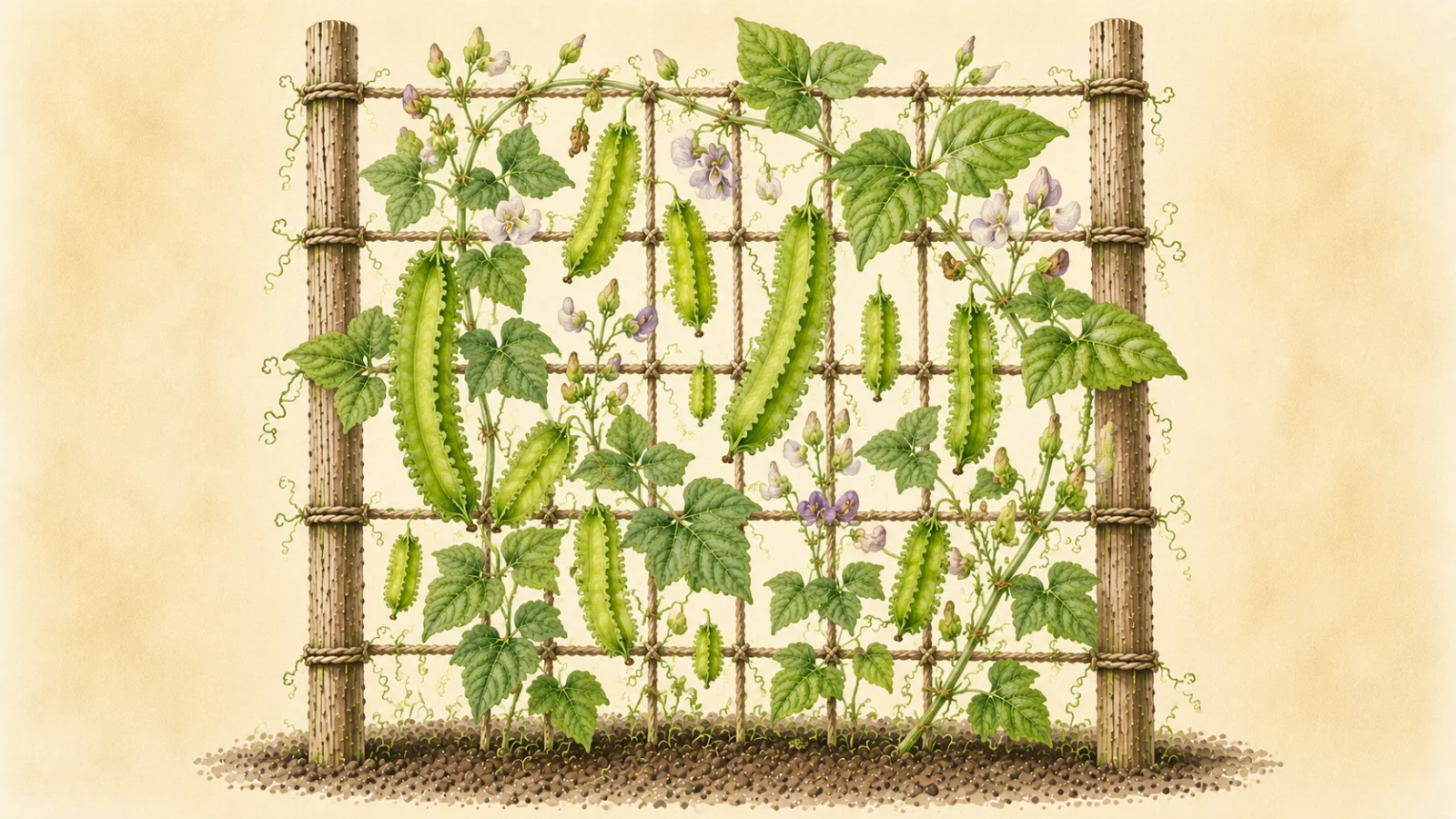 Botanical watercolor illustration of winged bean (Psophocarpus tetragonolobus) growing vertically on a rustic wooden trellis, with lush green trifoliate leaves, pale lilac flowers, curling tendrils, and multiple four-winged pods in various stages of development against a soft cream background.