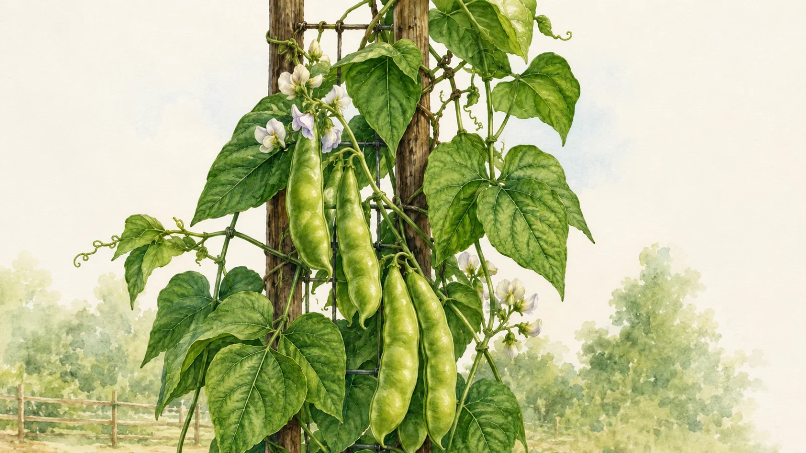 Botanical illustration of a climbing lima or butter bean vine growing on a wooden trellis, with broad green leaves, pale flowers and large green pods.