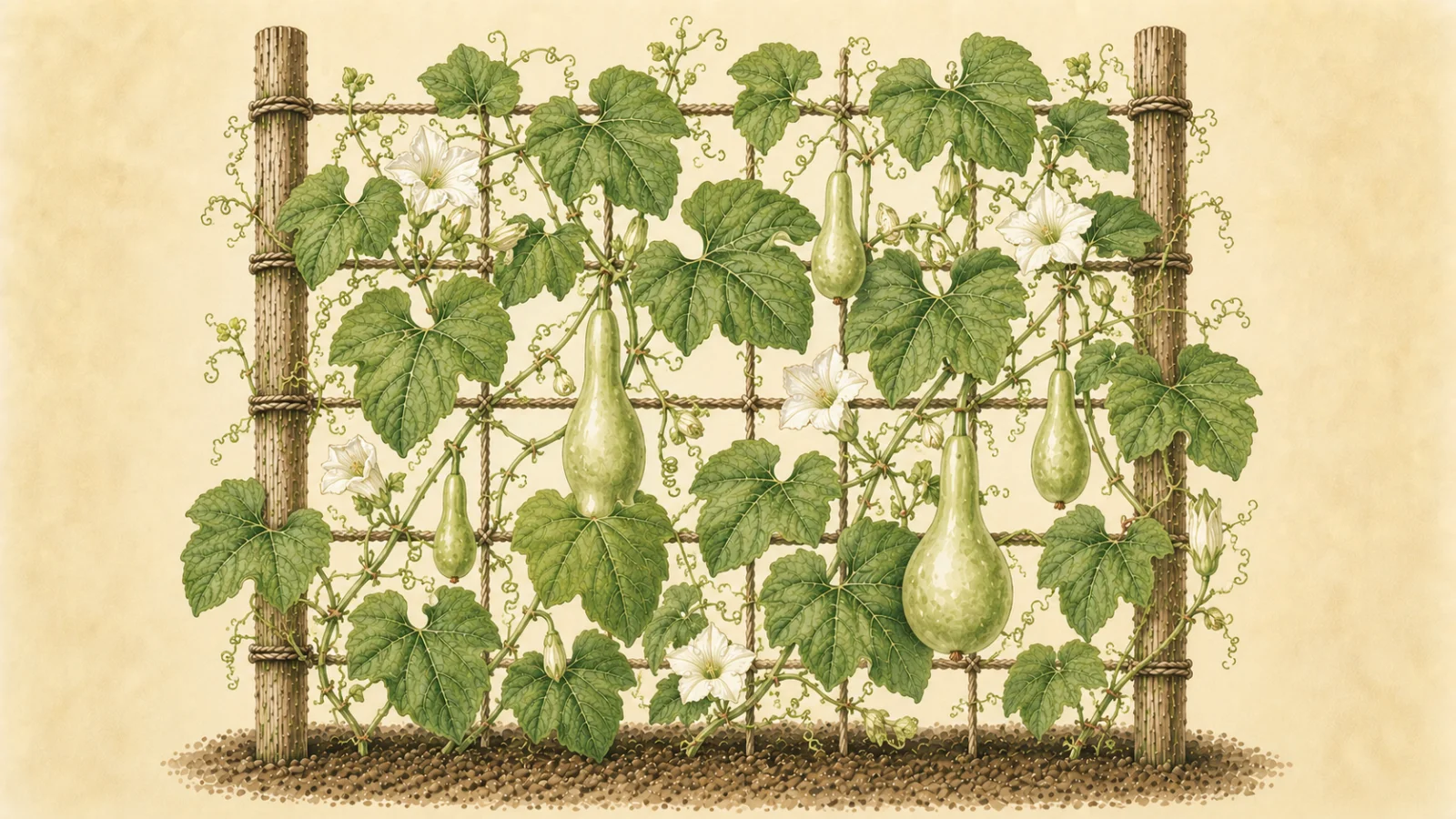 Botanical watercolor illustration of bottle gourd or New Guinea bean (Lagenaria siceraria) climbing a rustic wooden trellis, with broad green leaves, curling tendrils, white flowers, and pale green pear-shaped gourds at different stages of growth against a soft cream background.