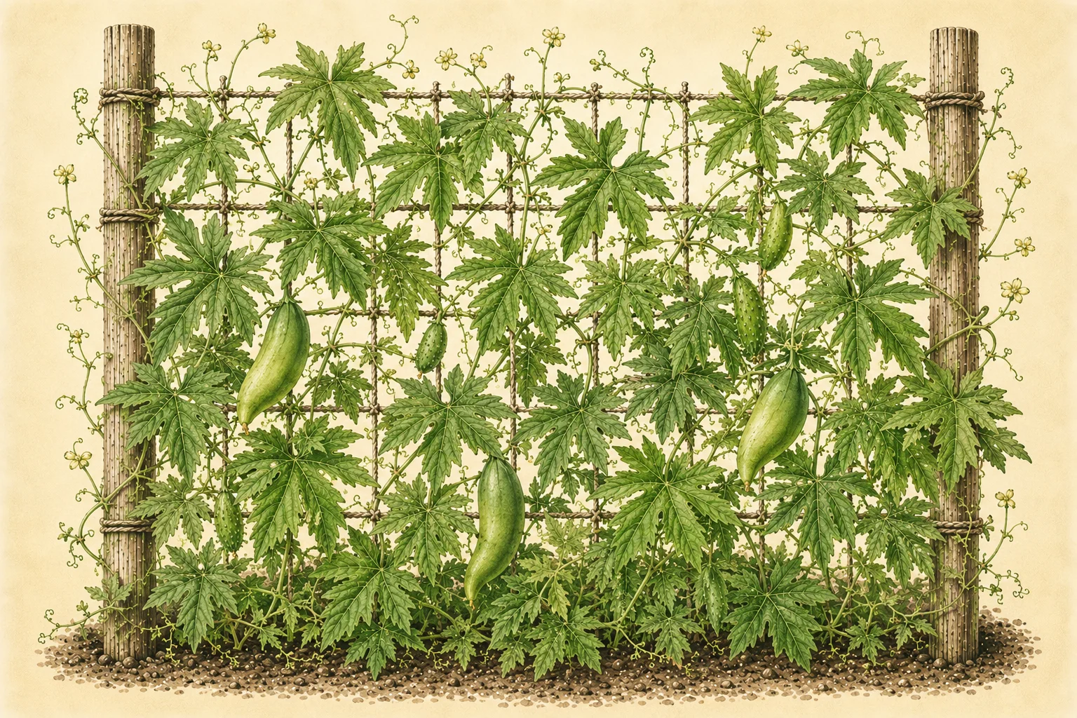 Botanical watercolor illustration of caigua (Cyclanthera pedata) growing densely on a rustic wooden trellis, with deeply lobed green leaves, curling tendrils, small pale flowers, and a few smooth and lightly spined green fruits at different stages of maturity against a soft cream background.