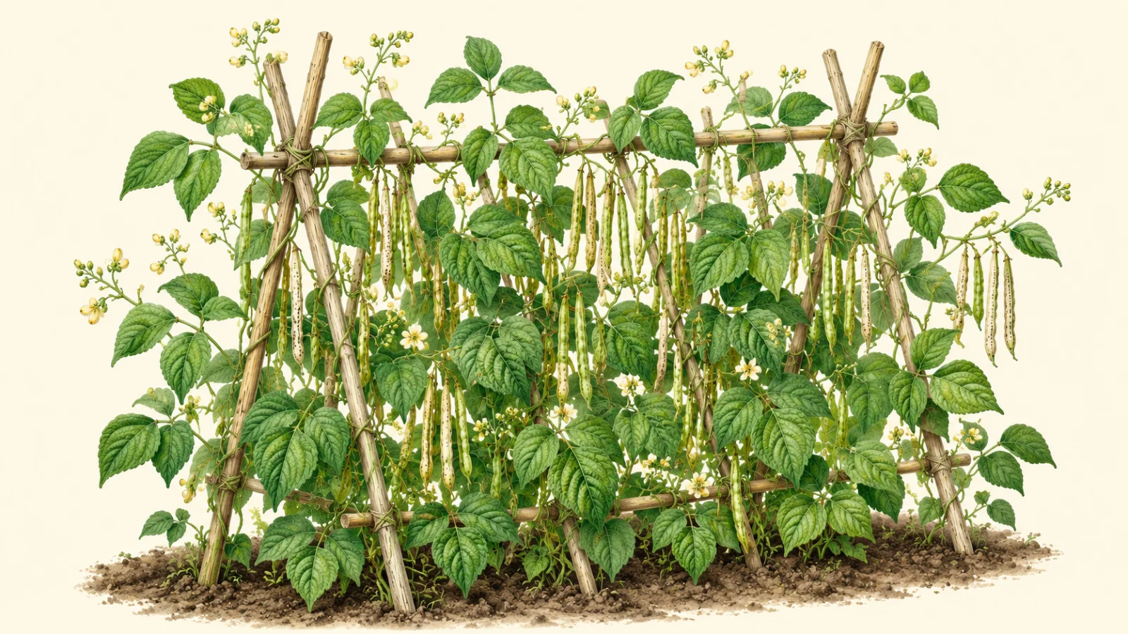 Botanical illustration of a rice bean vine growing around a wooden support, with trifoliate green leaves, pale yellow flowers, green pods and mature drying pods.