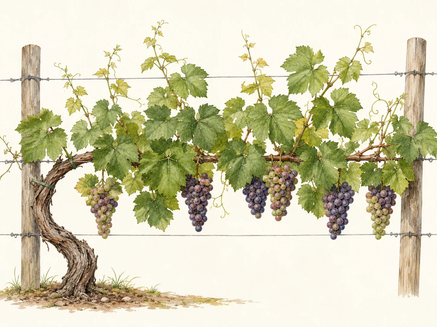 Mature grapevine trained along a wire trellis, with broad green leaves, curling tendrils and clusters of ripening green and purple grapes.