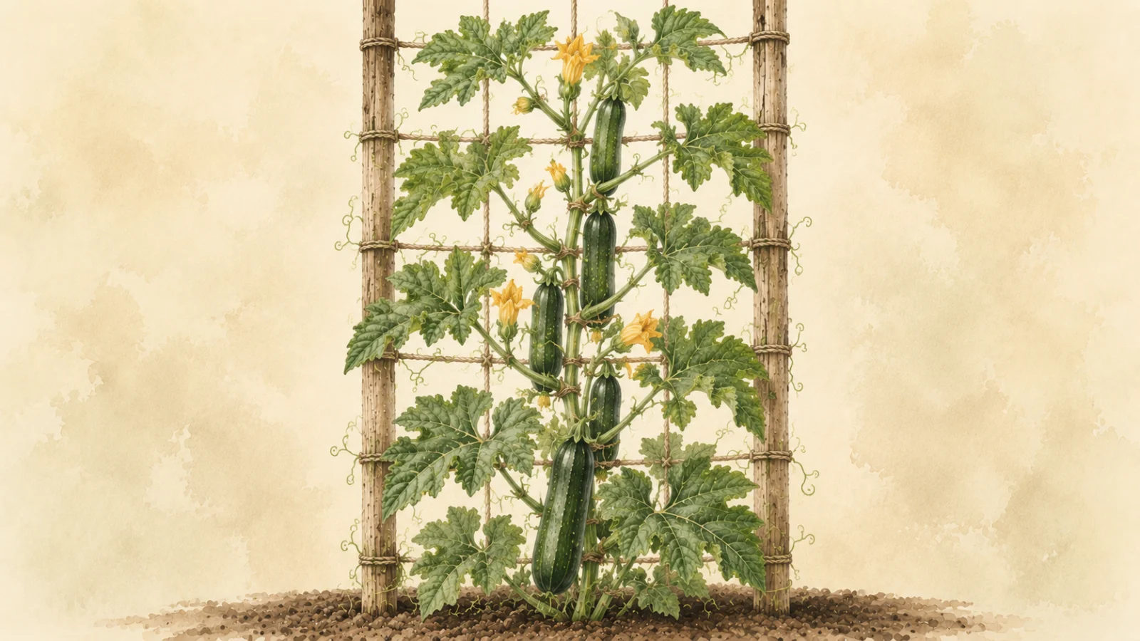 Botanical watercolor illustration of an upright-trained zucchini plant (Cucurbita pepo) growing vertically on a rustic wooden trellis, with large green leaves, yellow blossoms, and dark green zucchini fruits against a soft cream background.