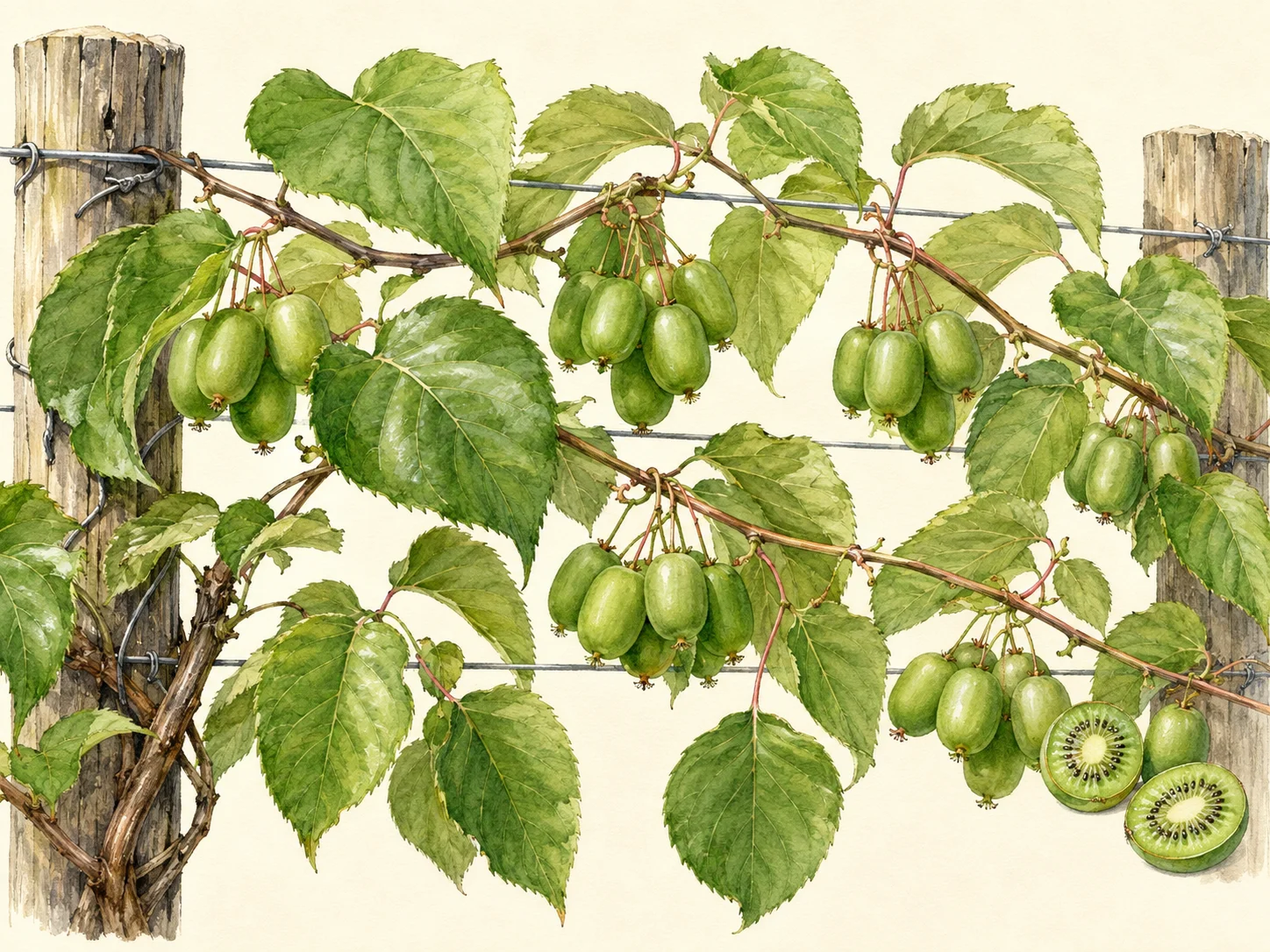 Hardy kiwiberry vine trained across a wooden wire trellis, with heart-shaped green leaves and clusters of small, smooth-skinned green fruit, including cut berries showing bright green flesh and black seeds.