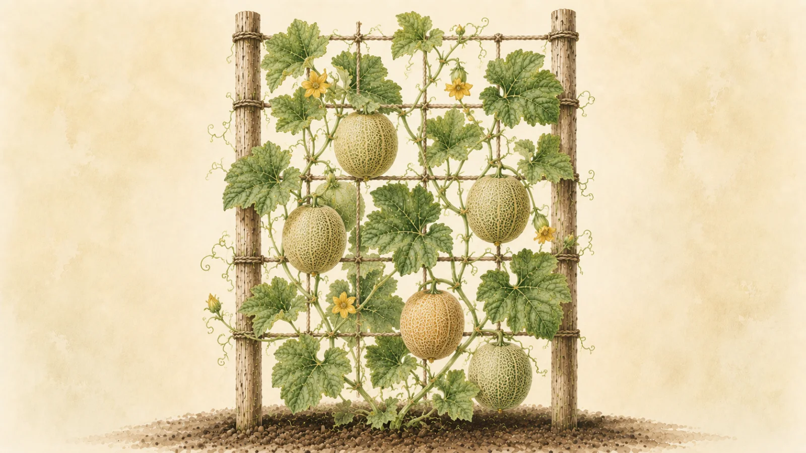 Botanical watercolor illustration of a trellised cantaloupe or muskmelon vine (Cucumis melo) growing on a rustic wooden trellis, with textured green leaves, yellow flowers, curling tendrils, and several small netted melons hanging from the vine against a soft cream background.