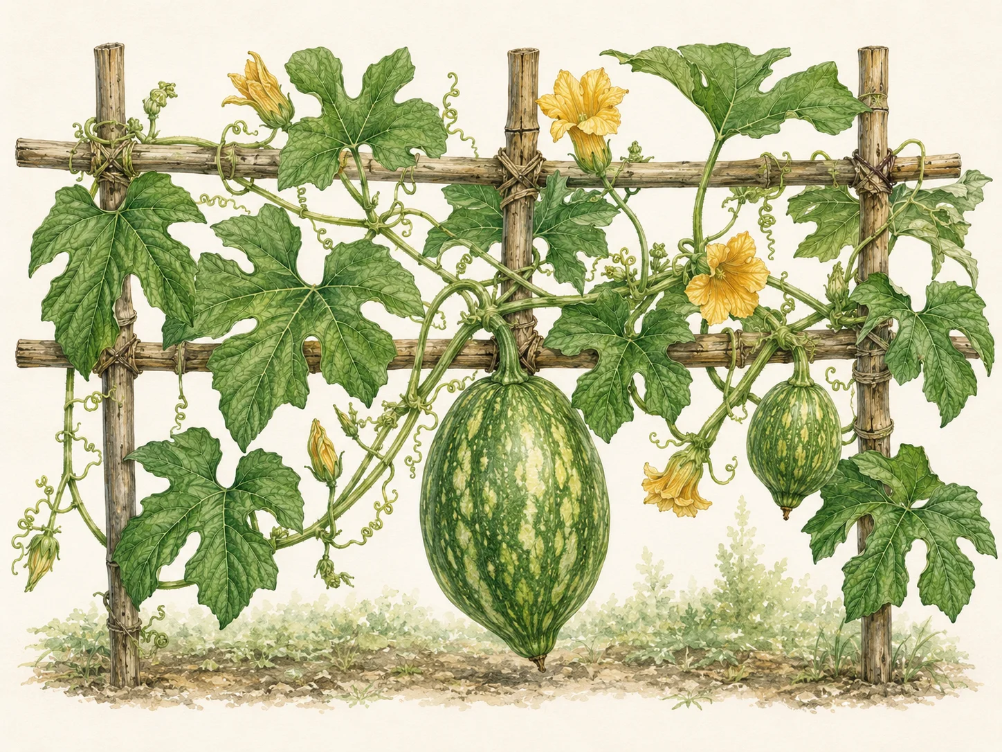 Botanical illustration of a trellised chilacayote or fig-leaf gourd vine with deeply lobed green leaves, curling tendrils, yellow flowers, and two hanging green mottled fruits.