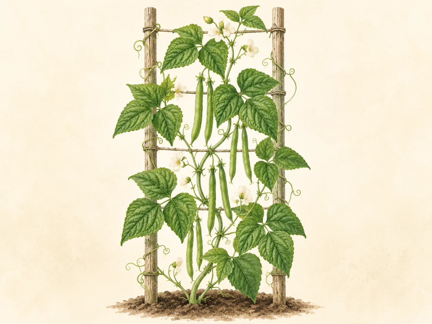 Pole snap bean vine climbing a rustic wooden trellis, with green bean pods, white flowers and broad green leaves.