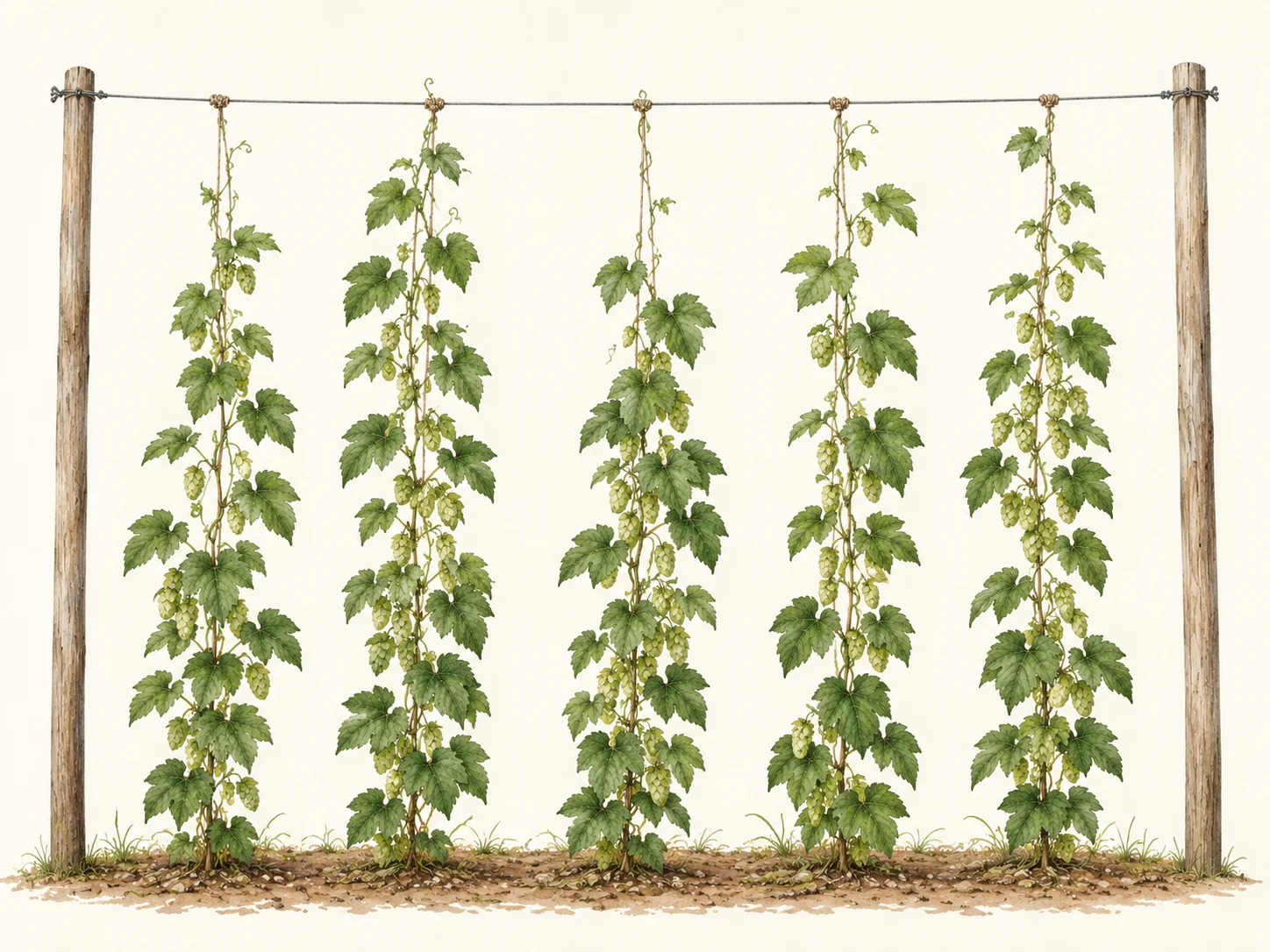 Rows of hop plants climbing tall vertical strings between wooden posts, with lobed green leaves and clusters of pale green hop cones.