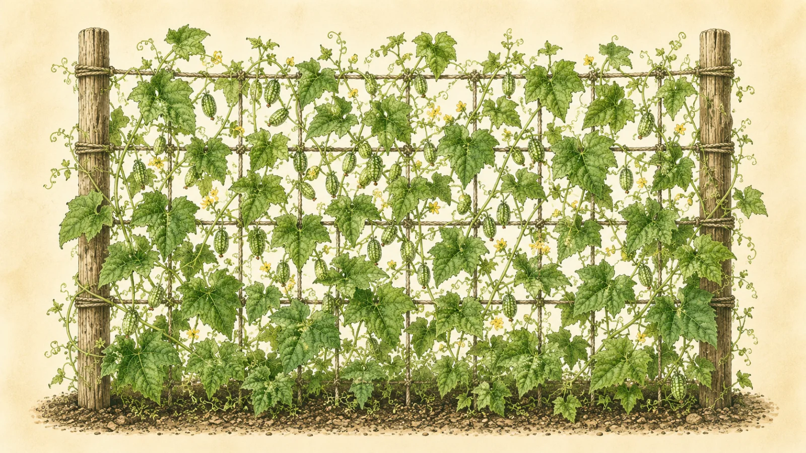 Botanical watercolor illustration of cucamelon (Melothria scabra) growing vertically on a rustic wooden trellis, with vigorous green vines, small triangular leaves, curling tendrils, yellow flowers, and numerous tiny watermelon-patterned fruits in various stages of development against a soft cream background.