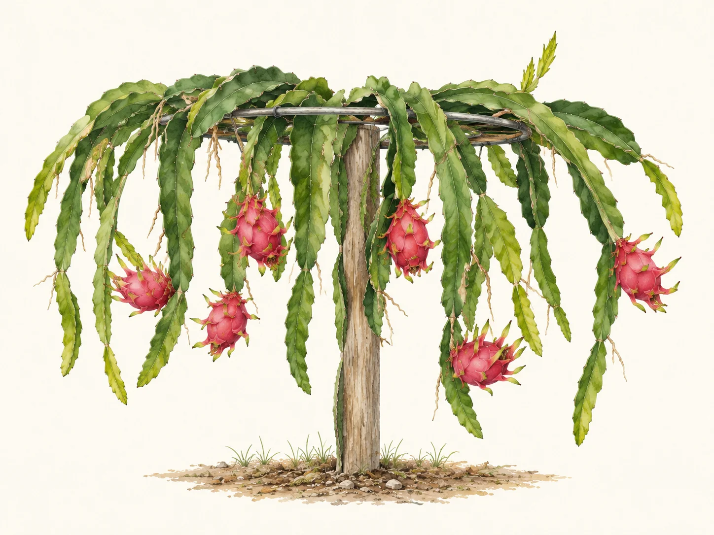 Dragon fruit cactus trained over a reinforced post-and-crown trellis, with long cascading stems and several ripe pink pitaya fruits.