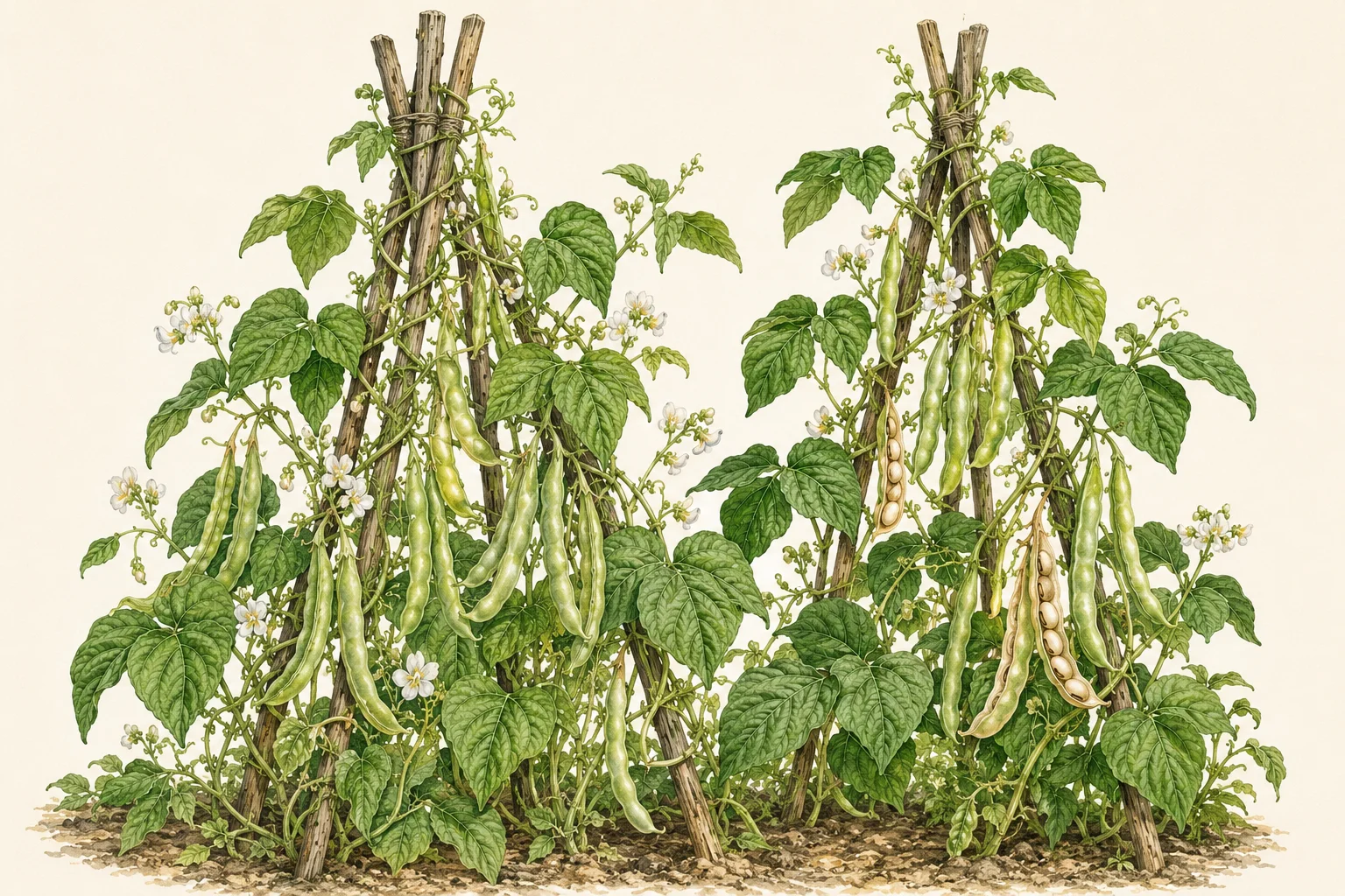 Botanical illustration of climbing shelling and dry beans growing over two wooden teepee trellises, with green pods, drying pods, white flowers and mature beans visible.