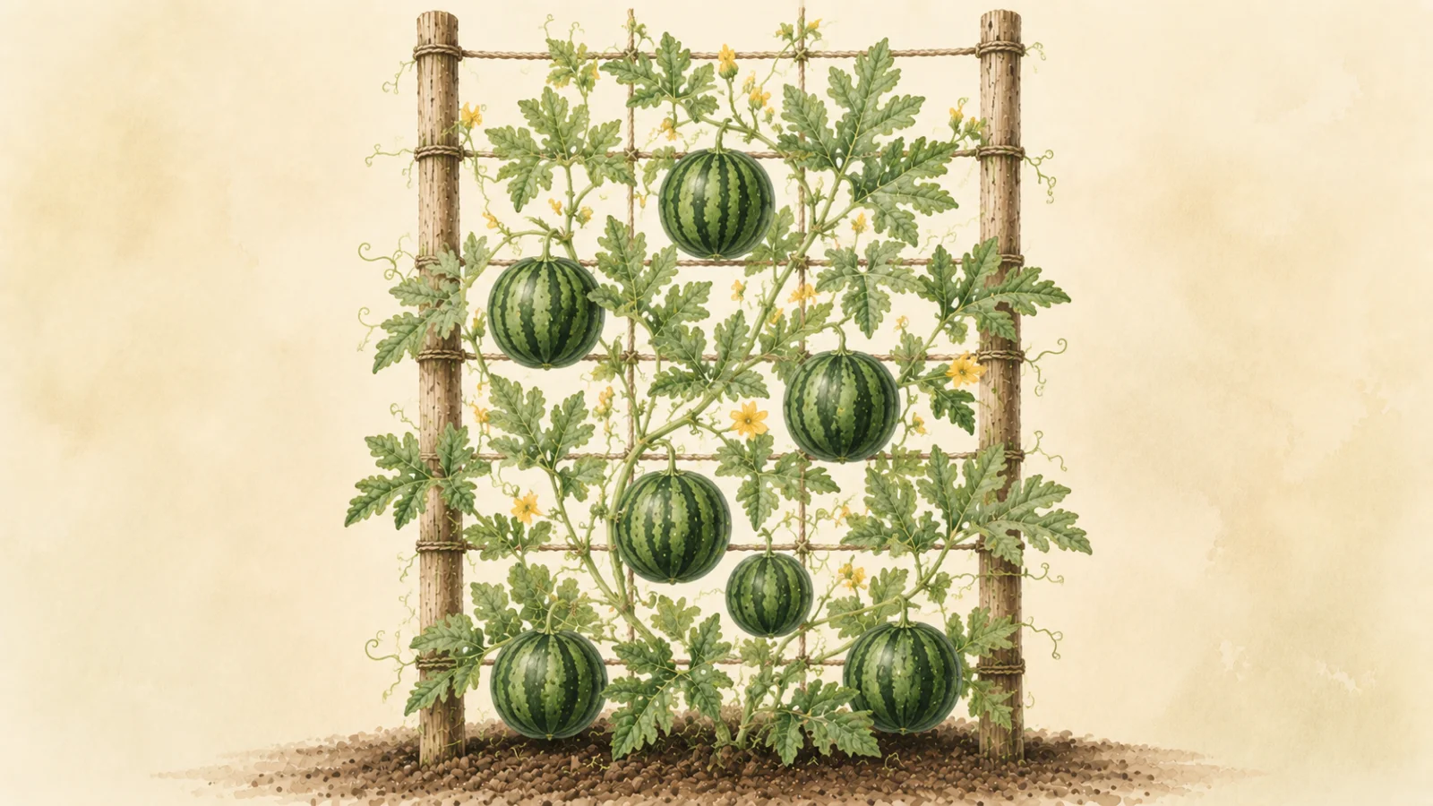 Botanical watercolor illustration of a small-fruited watermelon vine (Citrullus lanatus) growing vertically on a rustic wooden trellis, with lobed green leaves, yellow flowers, curling tendrils, and several striped mini watermelons against a soft cream background.