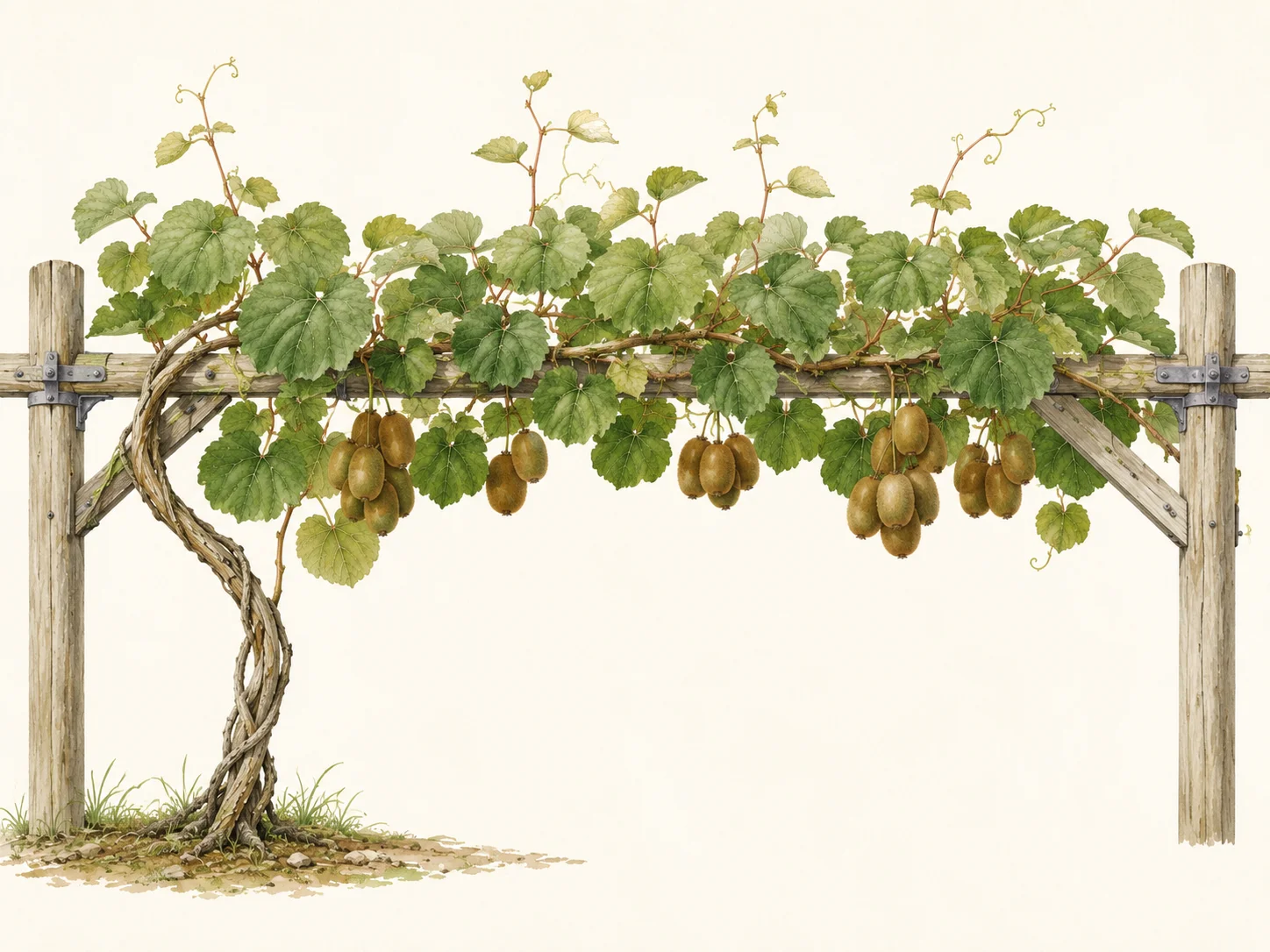 Vigorous kiwifruit vine trained across a sturdy wooden pergola, with dense green foliage and clusters of brown fuzzy fruit hanging beneath the canopy.