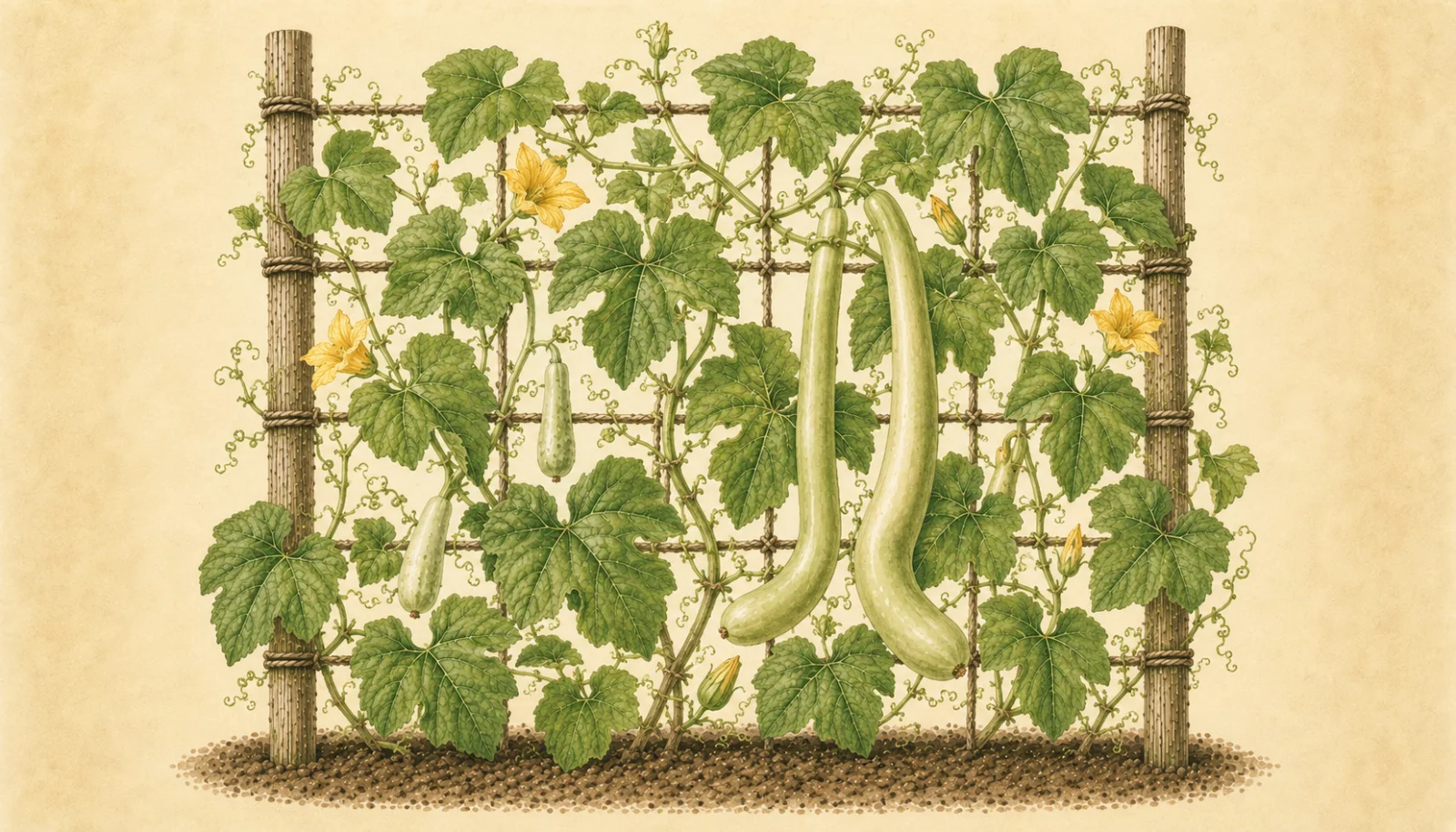 Botanical watercolor illustration of tromboncino squash (Cucurbita moschata) climbing a rustic wooden trellis, with broad lobed leaves, curling tendrils, yellow flowers, and long pale green curved fruits at different stages of development against a soft cream background.