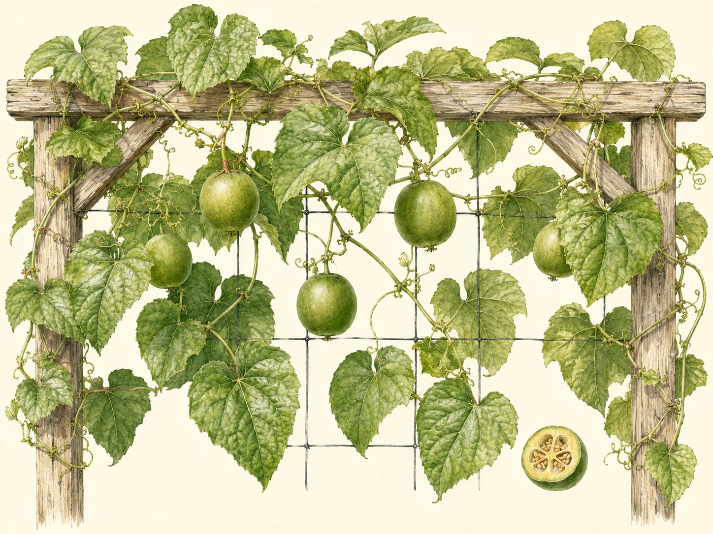 Horizontal botanical illustration of monk fruit growing on a trellis, with healthy green vines, tendrils, leaves, and round developing fruits hanging beneath the foliage.