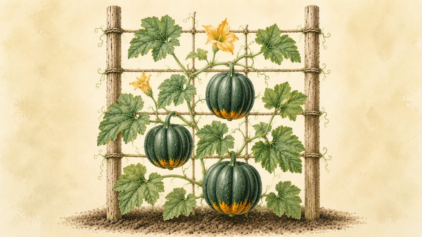 Botanical watercolor illustration of a Sweet Dumpling squash vine (Cucurbita pepo) growing vertically on a rustic wooden trellis, with green lobed leaves, curling tendrils, yellow blossoms, and three small cream-and-green striped squash hanging from the vine against a soft cream background.